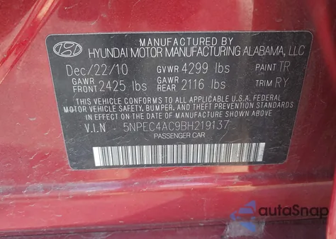 2011 Hyundai Sonata Se z USA, uszkodzony, nr VIN 5NPEC4AC9BH219137